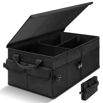 Abbildung von Cozary Auto Organizer mit Deckel, Faltbare Kofferraum Aufbewahrungsbox, Rutschfester Klettboden, Wasserdichter Oxford Stoff für und Rücksitz Spielzeug, Bücher, Snacks