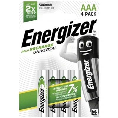 Abbildung von Energizer E301375700 NimH Akku Rechargeable Universal Micro (1,2Volt 500mAh, vorgeladen 4er Packung) Silber, AAA/Micro/LR03/500 mAh/4er