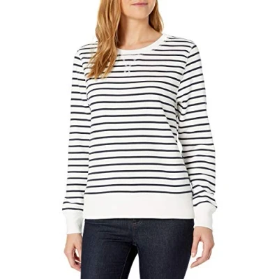 Abbildung von Amazon Essentials Damen Sweatshirt aus French Terry Fleece mit Rundhalsausschnitt (Erhältlich in Übergröße), Marineblau Weiß Querstreifen, XXL