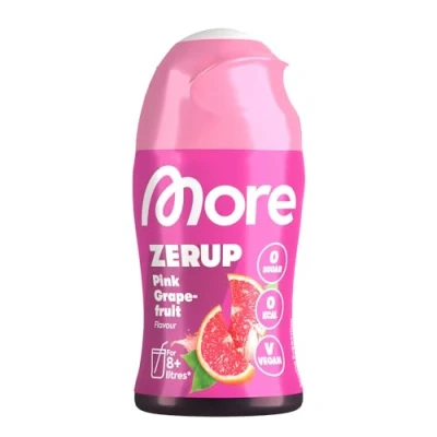 Abbildung von MORE Zerup, Pink Grapefruit, 65 ml, für bis zu 8 l Fertiggetränk, zuckerfreier Sirup mit echten Fruchtextrakten, vegan, zero Kalorien made in Germany