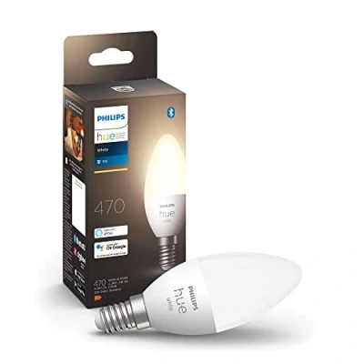 Abbildung von Philips Hue White E14 Kerze Einzelpack 470lm, dimmbar, warmweißes Licht, steuerbar via App, kompatibel mit Amazon Alexa (Echo, Echo Dot), Kunststoff