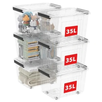 Abbildung von Cetomo C5037 Aufbewahrungsbox Klarsichtbox mit Deckel Rädern 35 L Kunststoff (Polypropylen) Transparent 6er Set