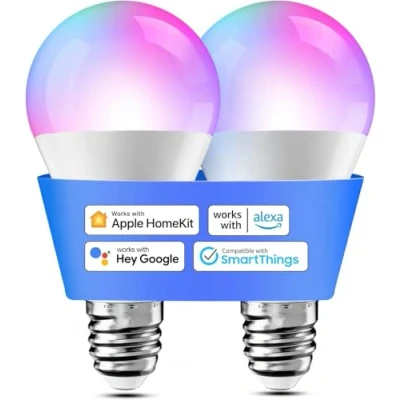 Abbildung von Smart Glühbirne Set 2 LED Glühbirnen kompatibel mit HomeKit, Siri, Alexa, Google Home und SmartThings, E27 RGBWW Wi Fi Glühbirne, dimmbar, mehrfarbig, Sprachsteuerung Fernbedienung