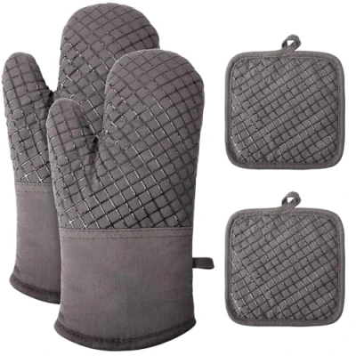 Abbildung von Ofenhandschuhe Topflappen Topfhandschuhe 4er Set Hitzebeständige und rutschfeste Backhandschuhe, weiche Baumwolle, Lange Flexible Dicke silikon Kochhandschuhe zum Kochen