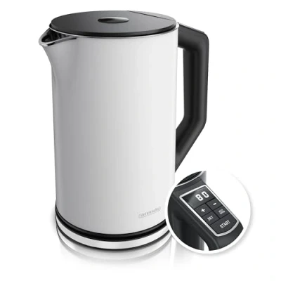 Abbildung von Arendo Edelstahl Wasserkocher mit Temperatureinstellung 40 100 Grad in 5er Schritten Doppelwand Design Modell ELEGANT 1,5 Liter 2200 W Teekocher Temperaturanzeige GS weiß