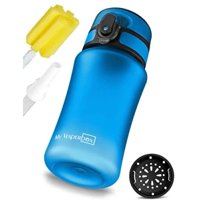 Abbildung von My Vesperbox Minny Kinder Trinkflasche auslaufsicher 350ml mit Strohhalm oder Sieb leichte Tritan Wasserflasche BPA frei für Kindergarten, Schule (Blau 350ml)