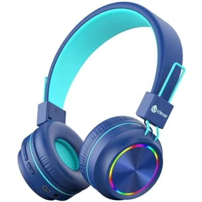 Abbildung von iClever Bluetooth Kinder Kopfhörer, Bunte Lichter LED, 94dB Lautstärkebegrenzung, Faltbare, Einstellbar, Kabellos und Kabel, Eingebautes Mikrofon für PC, Tablet, Kindle