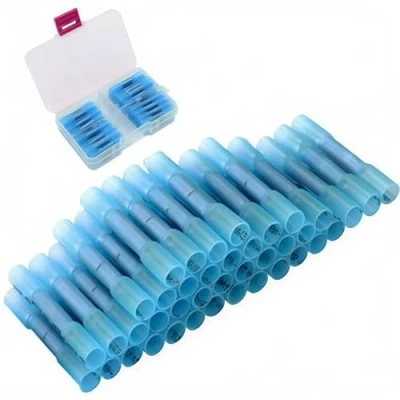 Abbildung von Schrumpfverbinder, CESFONJER Crimp Stoßverbinder Set, Schrumpf Klemmen, wasserdichte Kabelverbinder, Spleiß, 40 Stück lötfreie Klemmen für 1614 AWG Kabel (blau)