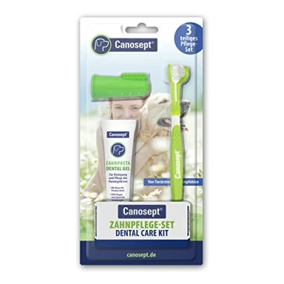 Abbildung von Canosept Zahnpflege Hund (3 teiliges Set) Hundezahnbürste Hundezahnpasta Fingerlinge Hunde Zahnbürste Zur Zahnreinigung bei Mundgeruch Zahnstein