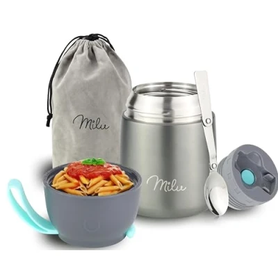 Abbildung von Milu® Thermobehälter 450, 650ml, 800ml Edelstahl Warmhaltebehälter Essensbehälter Speisegefäß Babynahrung Essen warmhalten Behälter Thermo Lunchbox Müsli to go Grau, 450ml