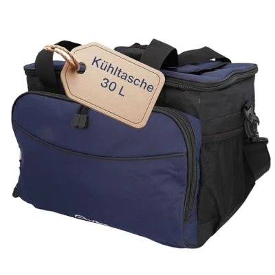 Abbildung von Cartrend Kühltasche 30 L, mit 12V KFZ Anschlusskabel 1,50 m lang, Verstellbarer Schultergurt, große Fronttasche Reißverschluss und 2 seitliche Netze, Pflegeleichte Innenbeschichtung