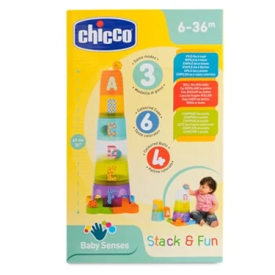 Abbildung von Chicco 2in1 Stapelbecher und Kugelbahn, 6 stapelbare Formen verschiedene Kugel mit Buchstaben Farben. Baue einen Turm, 6M+