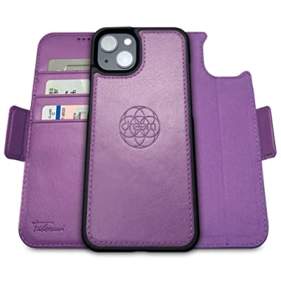 Abbildung von Dreem Fibonacci kompatibel mit iPhone 14 Plus Brieftaschen Etui / 2 in 1 stoßfestes und abnehmbares Folio aus veganem Leder, MagSafe kompatibel, RFID Schutz [Lila]