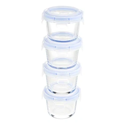 Abbildung von Amazon Basics ABL001 Glasaufbewahrungsbehälter, 4 Stück, 120 ml, transparent mit blauen Deckeln
