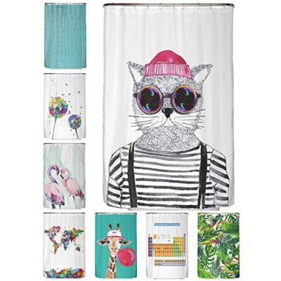 Abbildung von arteneur® Hipster Katze Berlin Anti Schimmel Duschvorhang 120x200 Recycelt mit Öko Tex Standard 100 Beschwerter Saum, Blickdicht, Wasserdicht, Waschbar, 8 Ringe &amp; E Book Reinigungs Tipps