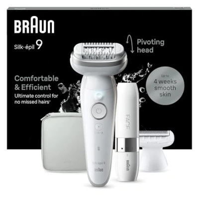 Abbildung von Braun Silk épil 9, Epilierer Damen / Haarentferner für langanhaltende Haarentfernung, Facespa Gesichtshaarentferner, Rasieraufsatz, Trimmeraufsatz, 9 341, Weiß/Silber