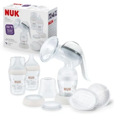 Abbildung von NUK Handmilchpumpen Set Weiches Silikonkissen Ergonomischer Pumphebel 2 Perfect Match Babyflaschen 150 ml High Performance Einwegstilleinlagen