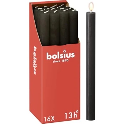 Abbildung von Bolsius Rustik Stabkerzen Anthrazit 16 Stück 27 x 2.3 cm Länge Brenndauer 13 Stunden Unparfümierte Enthält Natürliches Pflanzenwachs Ohne Palmöl