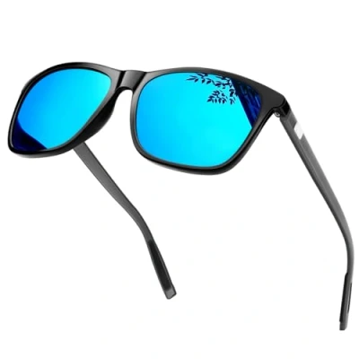 Abbildung von KANASTAL Größe Sonnenbrille Herren und Damen Retro Polarisiert UV400 Schutz für Reise Wandern Angeln Alltag, Glänzend Schwarz Rahmen Verspiegelt Blau Gläser Grau Bügel