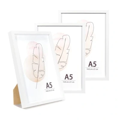 Abbildung von KAIWIN Bilderrahmen A5 Weiß Holz Fotorahmen 3er Set MDF mit Acrylglas zum aufhängen und aufstellen Benutzt für Wohnzimmer, Schlafzimmer, Arbeitszimmer, Fotos, Kunstwerke Poster