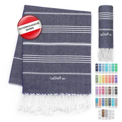Abbildung von LeStoff Premium Hamamtuch 100% Bio Baumwolle Vorgewaschen, Nachhaltig, Saugstark &amp; Schnelltrocknend Strand, Bade, Dusch, Yoga, Spa Reise Tuch (95 x 180 cm, Navy)