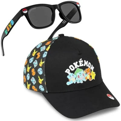 Abbildung von Get Trend Pokemon Basecap Kinder Jungen Kappe Set mit Sonnenbrille UV Schutz Sommer Accessoires Geschenke für Jungs (4 12 Jahre, Schwarz Set)