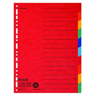 Abbildung von 20x Original Falken Karton Register überbreit für DIN A4+ 24,5 x 30 cm volle Höhe mit Organisationsdruck 10 teilig vollfarbig 2 5 Farben zur Ablage von Prospekthüllen