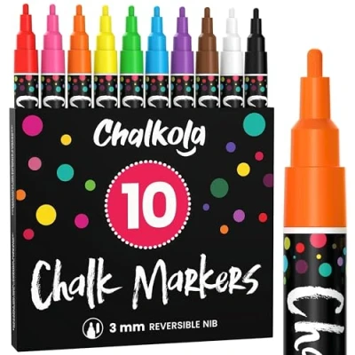 Abbildung von Chalkola Kreidestifte für Tafel Abwaschbar, 10 Neon 3mm Umkehrbare Spitze Kreide Stift Fenster, Tafel, Whiteboard &amp; als Glasstift Chalk markers Erwachsene Kinder