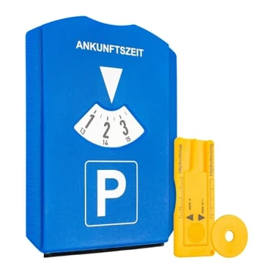 Abbildung von Parkscheibe mit Eiskratzer, 1 Stück, in Blau, Parkuhr inkl. Reifenprofilmesser und Einkaufswagenchip, für Auto, LKW, Wohnmobil, Parking Disc Blue, Parkscheiben, Parkkarte, Park Scheibe Ankunftszeit
