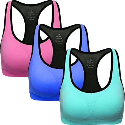 Abbildung von ANGOOL Damen Komfort Klassische Racerback Sport BH Top Fuer Yoga Fitness Training, Rosa blau azurblau, L Fit 80D 80DD 80E 85D 90BC 90D