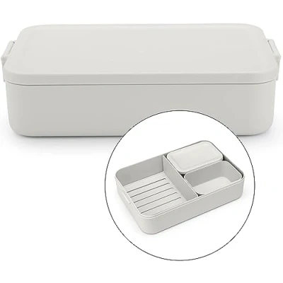 Abbildung von Brabantia Make &amp; Take Brotdose Bento Groß Herausnehmbare Fächer Deckel mit Klickverschluss Gefriergeeignet Spülmaschinen Mikrowellenfest Light Grey 25,5 x 16,7 6,2 cm