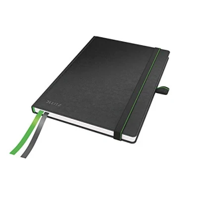 Abbildung von Leitz Complete Qualitäts Notizbuch A5 liniert, 160 Seiten, 80 Blatt, Hardcover Mit hochwertigem Einband, 100 g/m² Papier, Gummizugverschluss, Textilbänder, Stiftelasche, Tasche, Schwarz, 44780095