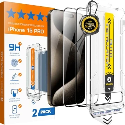 Abbildung von XeloTech Premium Schutzglas für iPhone 15 Pro Neue Antistaub Schablone mit automatischer Ausrichtung, 2 Gläser Extra Hart härter als 9H