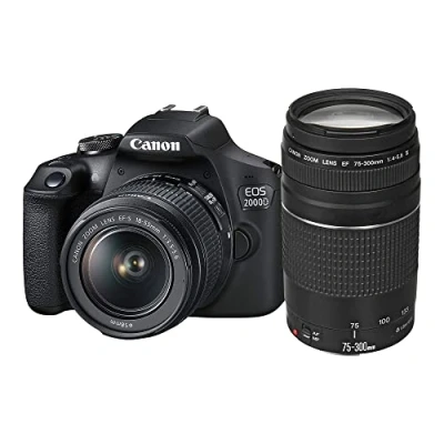 Abbildung von Canon EOS 2000D Spiegelreflexkamera (24,1 MP, DIGIC 4+, 7,5 (3,0 Zoll) LCD, Full HD, WiFi, APS C CMOS Sensor) Inkl. Objektive EF S 18 55mm is II F3.5 5.6 Und 75 300mm F4 III, Schwarz