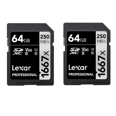 Abbildung von Lexar Professional 1667x SD Karte 64GB 2er Pack, Speicherkarte SDXC UHS II, Bis zu 250 MB/s Lesen, Class 10, U3, V60, für Professionelle Fotografen, Videofilmer, Enthusiasten (LSD1667064G B2NAA)