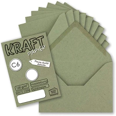 Abbildung von 50x Kraftpapier Umschläge DIN C6 Grün 11,4 x 16,2 cm ohne Fenster Vintage Briefumschläge mit Nassklebung Spitzklappe NEUSER PAPIER