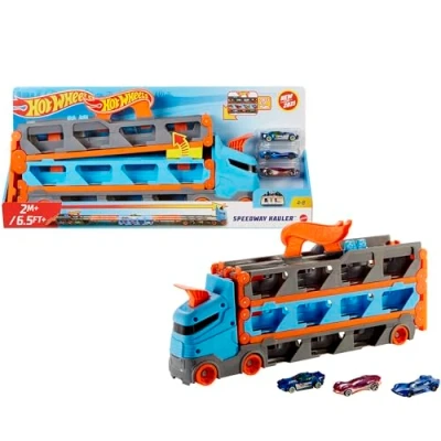 Abbildung von Hot Wheels 2:1 Autorennbahn zu Transporter, inkl. 3 Spielzeugautos, mit Doppelstarter, Auslösefunktion und Weiche, Platz für 20 Autos, Spielzeug ab 4 Jahre, HGH33