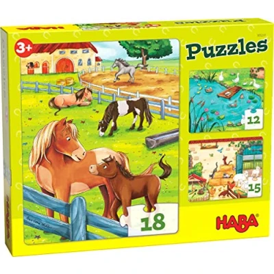 Abbildung von HABA 305237 Puzzles Bauernhoftiere, 3 mit 12, 15 und 18 Teilen unterschiedlichen Tiermotiven, Puzzle ab Jahren
