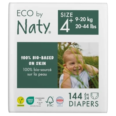 Abbildung von Eco by Naty Baby Öko Windeln umweltfreundliche Premium Bio aus pflanzenbasierten Materialien, ideal für empfindliche Babyhaut (Größe 4+ 144 Stück) MONATSBOX
