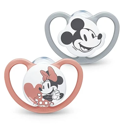 Abbildung von NUK Space Schnuller 18 36 Monate mit extra Belüftung BPA freies Silikon Disney Mickey Maus grau und rosa 2 Stück