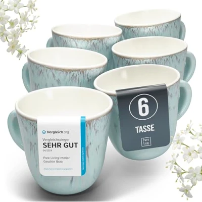 Abbildung von Steingut Kaffeetassen 6 Pers. Ibiza Hochwertiges Mediterranes TEST SEHR GUT Tassen Set, Spülmaschinen , Mikrowellen und Kratzfest Stylisches Tee Kaffeebecher Set Pure Living in Beige Blau