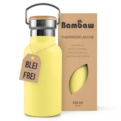 Abbildung von Bambaw Isolierflasche 350ml, Gelbe Trinkflasche, Edelstahl Thermotrinkflasche Kinder, Bambus, Trinkflasche Thermosflasche Kinder 350ml Sonnengelb
