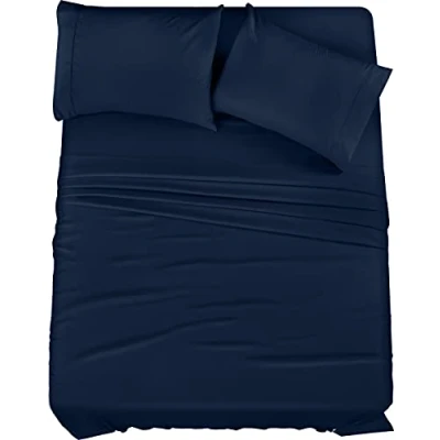 Abbildung von Utopia Bedding Queen Bettwäsche Set, 4 teilig, gebürstete Mikrofaser, schrumpft und lichtbeständig, pflegeleicht (Queen Size Bett, Marineblau)