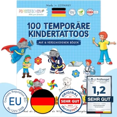 Abbildung von Papierdrachen 100 Tattoos für Kinder Hautfreundliche Kindertattoos Benjamin Blümchen kindgerechte Designs als Mitgebsel oder Geschenkidee 100% vegan &amp; dermatologisch geprüft