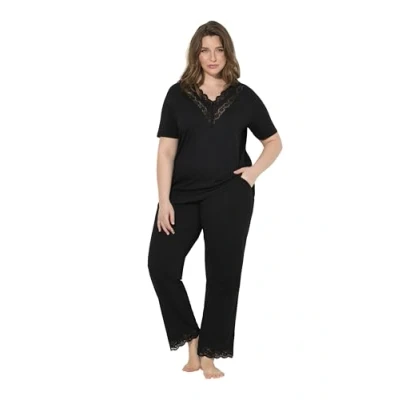 Abbildung von Ulla Popken Damen Pyjama, Spitze, V Ausschnitt, Halbarm, Taschen Pyjamaset, Schwarz, 50 52 EU