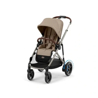 Abbildung von CYBEX Gold Kinderwagen E GAZELLE S, Ab Geburt bis ca. 4 Jahre, Max. 22 kg (Single Modus) / 2x (Duo Modus), All in 1 System mit Antrieb und 20+ Konfigurationen, Almond Beige