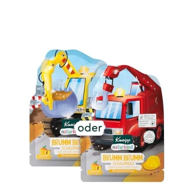 Abbildung von Kneipp naturkind Schaumbad Brumm mit pflegendem Pfirsichkern Öl und ätherischem Orangen Badezusatz Bagger / Kran Motiv 40ml