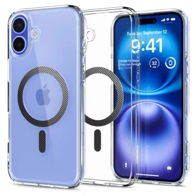 Abbildung von Spigen für iPhone 16 Hülle [Anti Yellowing] Ultra Hybrid MagFit Case Handyhülle Transparent Dünn Slim Kompatibel mit MagSafe Carbon Fiber