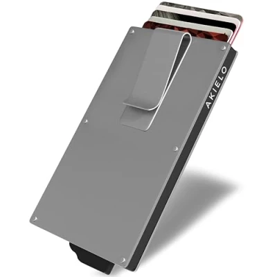 Abbildung von AKIELO Kartenetui mit RFID Schutz, Geldklammer und Geschenkbox Minimalistische Geldbörse Herren Kompakte Wallet Kontaktloser Kreditkartenschutz (Alpha Silberne Ausgabe Geldklammer)