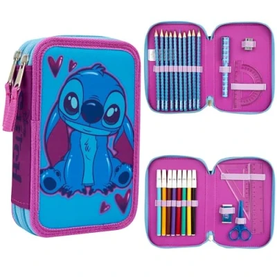 Abbildung von Disney Federmäppchen Mädchen Die Eiskönigin Stitch Federtasche Gefüllt Schulmäppchen 2 3 Fächer mit Inhalt Schule Etui Pencil Case (Blau/Rosa Doppelmappe)